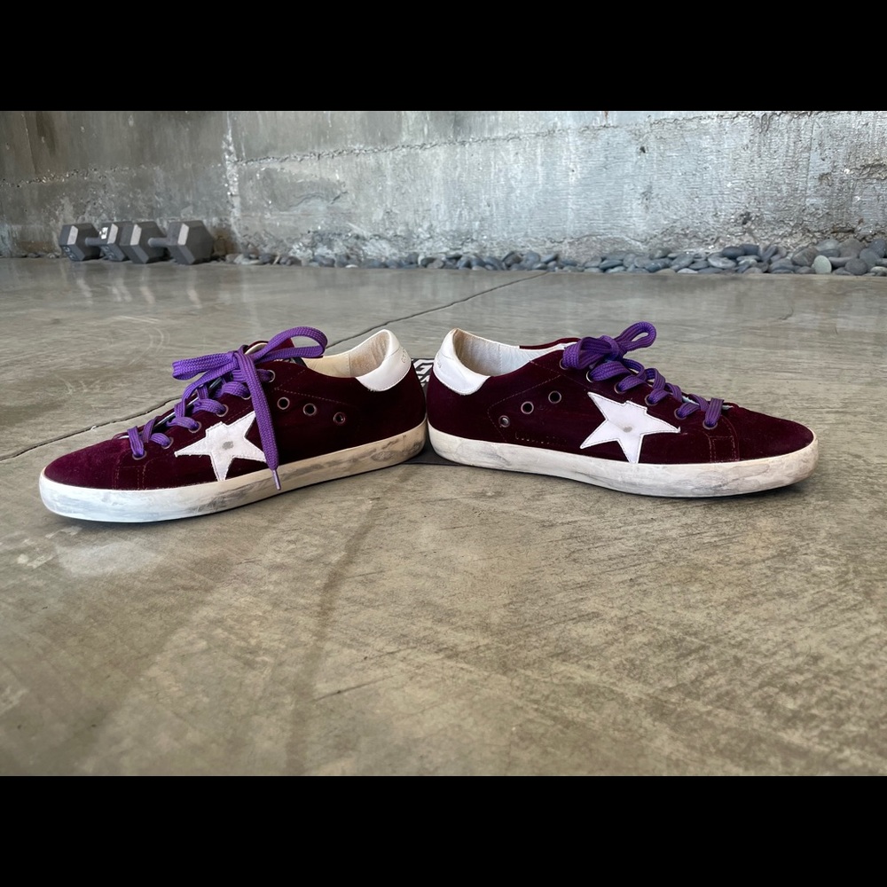 Golden Goose burgundy velvet Super Star sneakers. - Picture 6 of 9